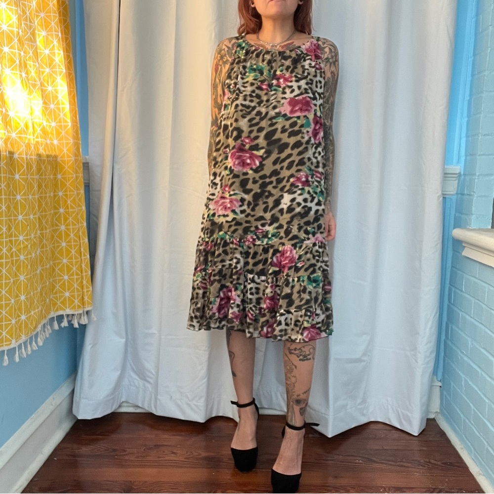 voir voir leopard and rose floral drop waist midi dress size 12